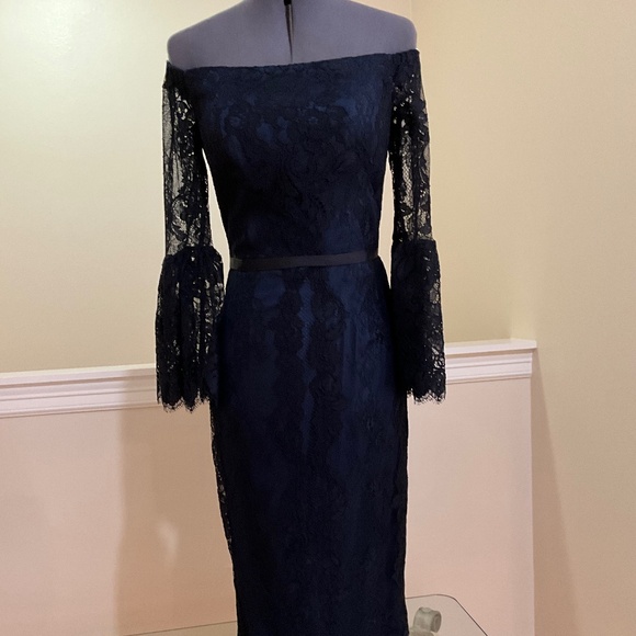 Theia, size 2, navy with black lace overlay, off the shoulder, bell sleeves - Picture 1 of 7